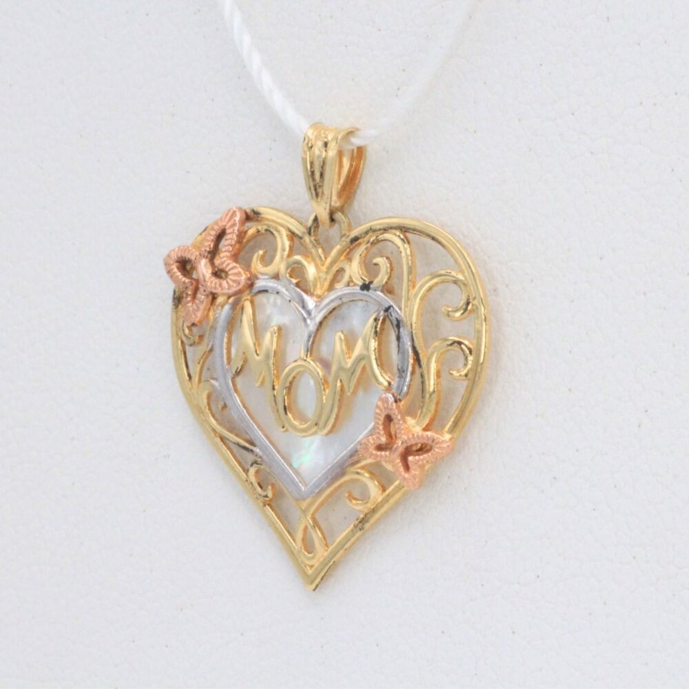 10k Solid Gold Mom Script Word with Mother of Pearl Background Pendant - Picture 7 of 10